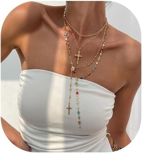 Crystal Bead Necklace for Women Cross Pendant Clavicle Necklace Summer Long Tassel Chest Chain Layered Rhinestone Neck Chain