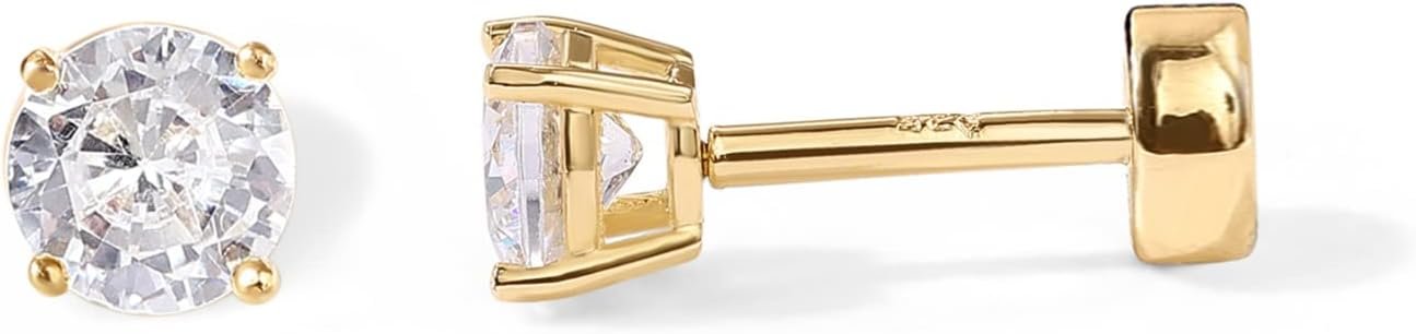 14K Gold Plated Solid 925 Sterling Silver Post Cubic Zirconia Stud Flat Back Earrings for Women | Cartilage Earring | Helix Piercing Jewelry | Small Stud Earrings for Women