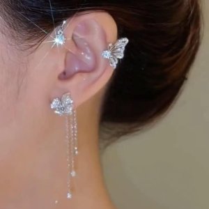 2PCS Butterfly Tassel Zircon Earrings Butterfly Ear Cuffs No Piercing Butterfly Flower Climber Wrap Around Earrings Fairy Butterfly Ear Clip Jewelry Gifts