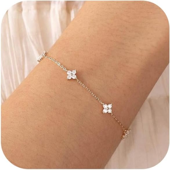 Bracelets for Women 14K Gold Silver Plated Ring Bracelet Hand Chain Dainty Evil Eye Heart Clover Daisy Cubic Zirconia Stackable Link Chain Hypoallergenic Body Jewelry Cute Trendy Gifts