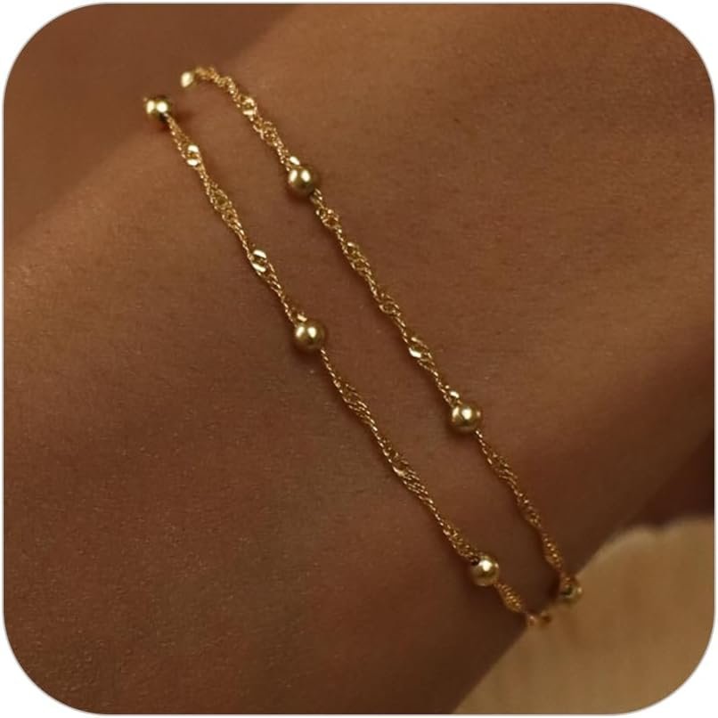 Gold Bracelets for Women Trendy, 14K Real Gold Plated Dainty Stackable Pearl Snake Chain Heart Pendant Bracelets, Layered Waterproof Jewelry Gift for Women Adjustable 6"+2"