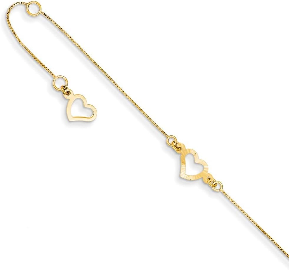 14 kt Yellow Gold Bright Cut Box Fancy Heart 10in Plus 1in ext. Anklet 10 Inches x 1 mm