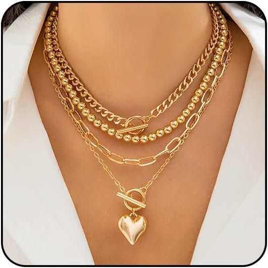 Layered Necklace for Women Non Tarnish Chunky Necklace Stack for Women Paperclip Chain Necklaces Retro Coin Medallion Heart Pendant Necklaces Chunky Set