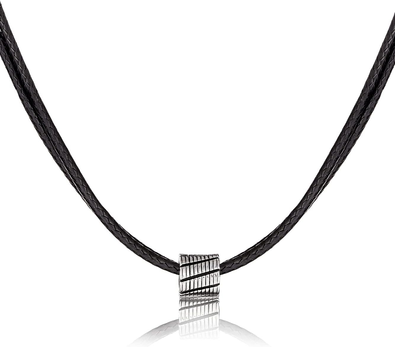 Choker Necklace for Men - Black Leather Cord with Small Stainless Steel Bead Pendant, Stylish Mens Jewelry, Choker Surfer Necklaces, Gifts for Him - 17"