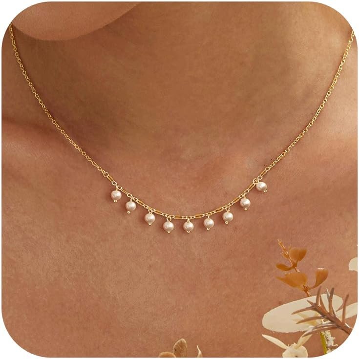 Pearl Necklace for Women Trendy,14k Gold Plated Necklace Dainty Wedding Necklace Small Cute Choker Necklace Beaded Lat Drop Necklace Vintage Waterproof Jewelry for Women Gold Jewelry Fashion Gifts