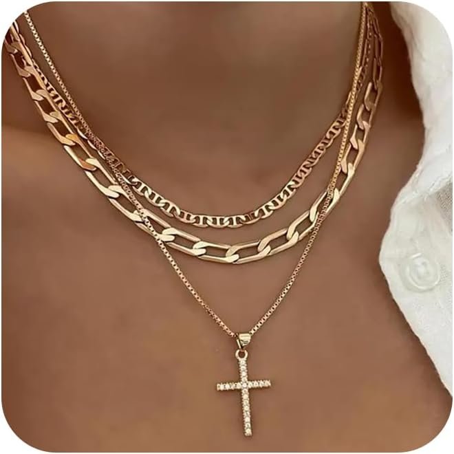 Cross Necklace for Women,Stackable Stacked Stacking Layering Layered Necklaces Dainty Gold Necklace Paperclip Box Flat Mariner Chain Necklace Cross Pendant Diamond Simple Gift