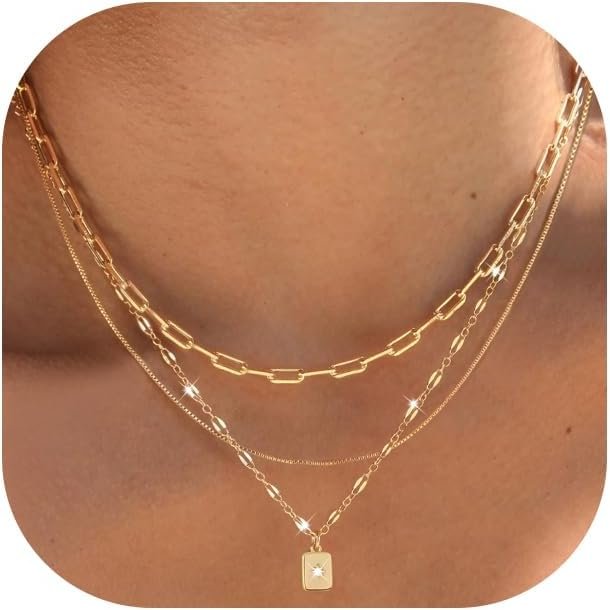 Layered Gold Necklaces for Women Trendy, 3 Pcs 14K Gold Plated Choker Paperclip Box Chain Necklace, Stackable Women Gold Pendant Necklaces Set