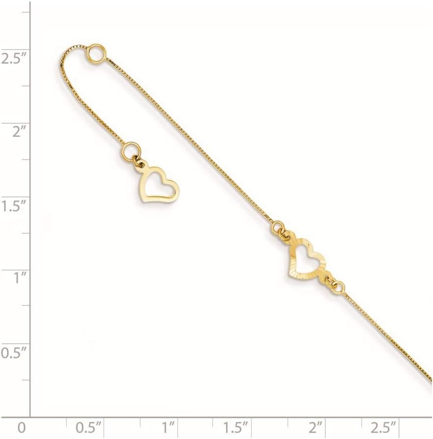 14 kt Yellow Gold Bright Cut Box Fancy Heart 10in Plus 1in ext. Anklet 10 Inches x 1 mm - Image 2