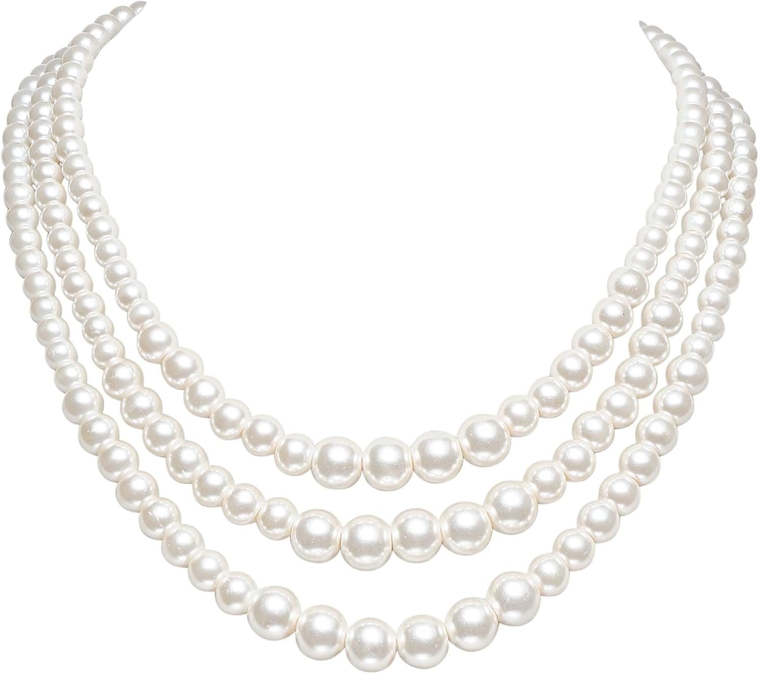 Round Imitation Pearl Necklace Vintage Multi Strands Necklace 20s Flapper Necklace for Party