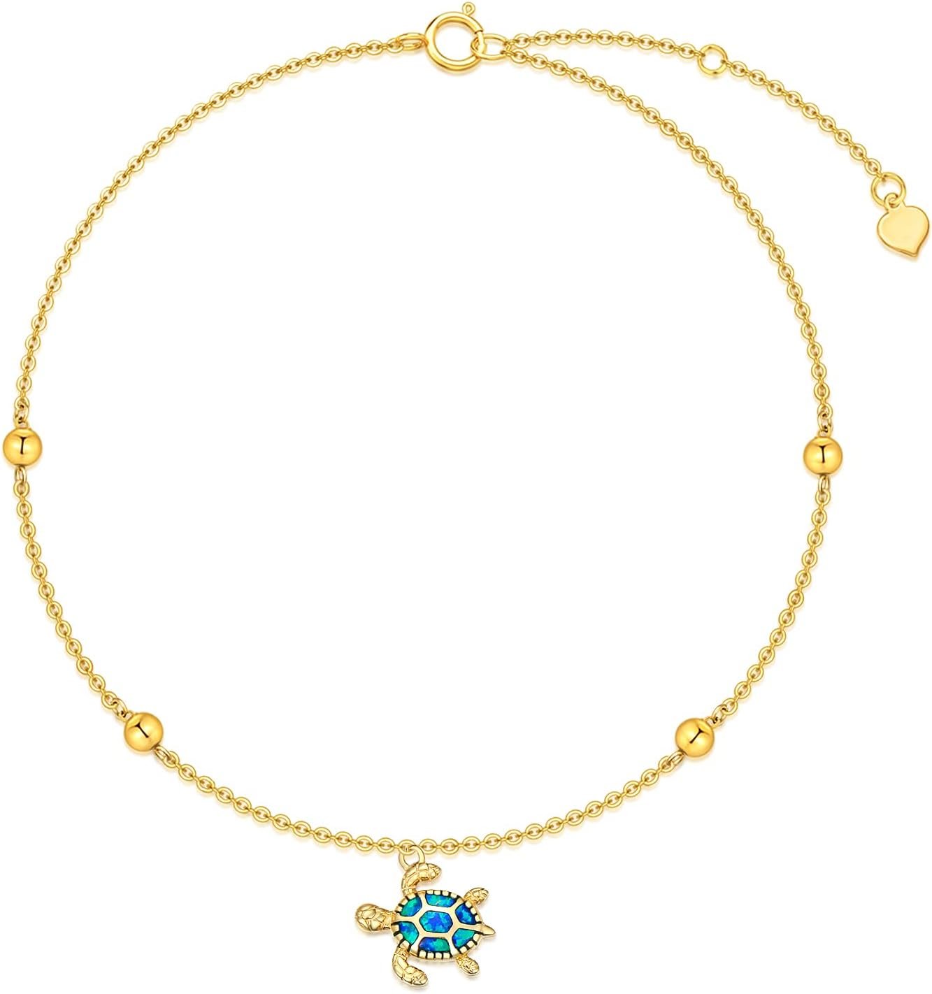 14K Gold Sea Turtle Anklet for Women Blue Opal Layered Ankle Bracelet Real Gold Beach Foot Jewelry Yellow Gold, 8''-10''