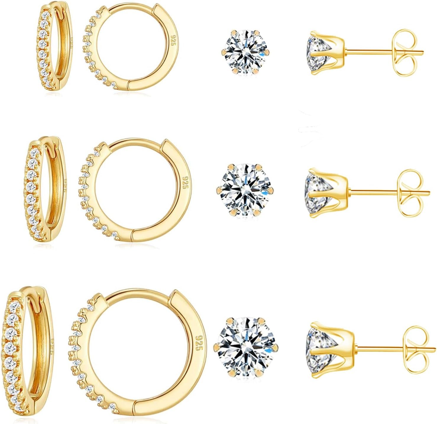 Hoop and Stud Earrings Set 14K Gold Plated 925 Sterling Silver Post Cartilage Piercing Earrings Gold Stud Earrings Set Women/Men