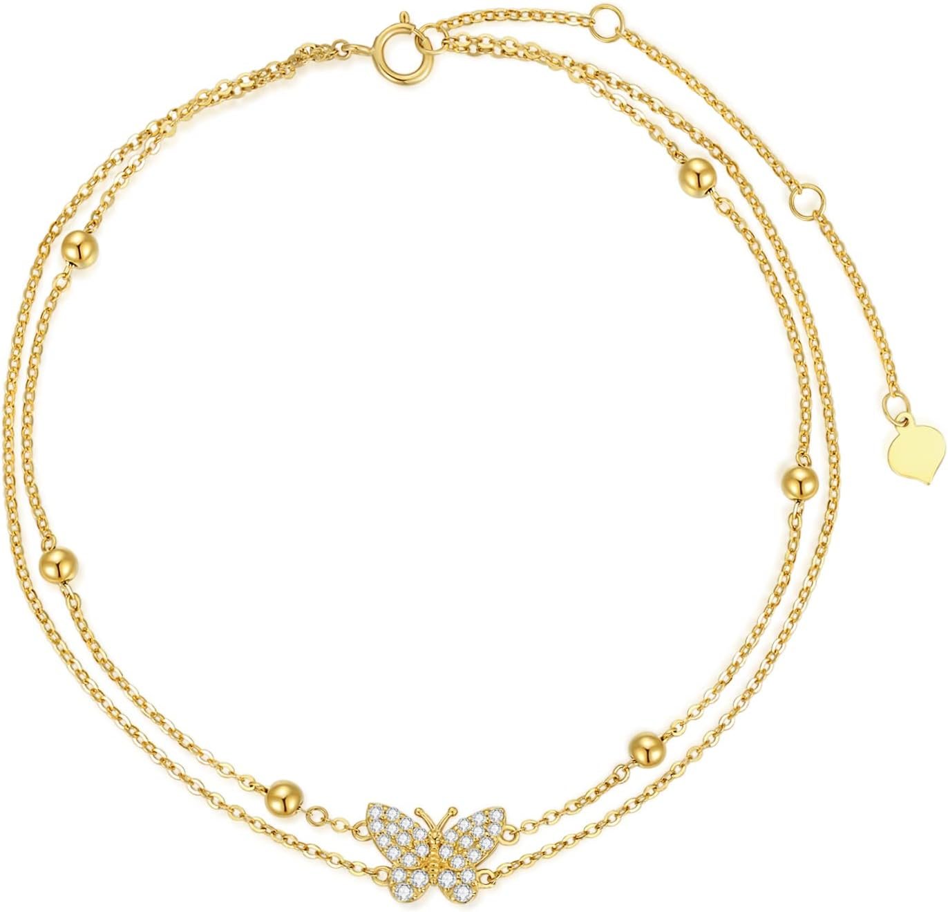 Solid 14K Gold butterfly anklet bracelets for Women, Real Gold Layered Beach Foot Anklets for Women Fine Jewelry Anniversary Birthday Gift for Wife, Mom, 8''+2''