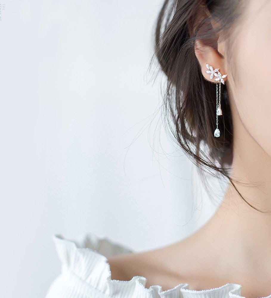 925 Sterling Silver Flowers Wrap Earrings Dangle Chain for Women Elegant Bridal Wedding Earrings Engagement Drop (A-Silver) - Image 2