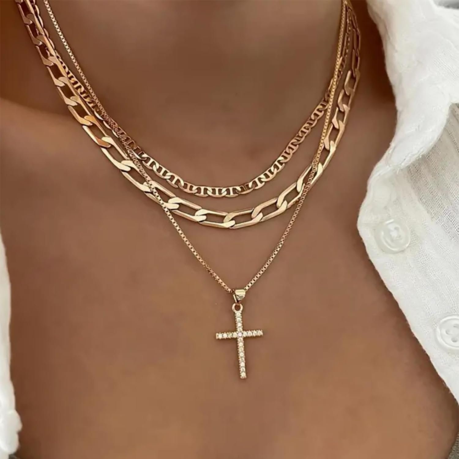 Cross Necklace for Women,Stackable Stacked Stacking Layering Layered Necklaces Dainty Gold Necklace Paperclip Box Flat Mariner Chain Necklace Cross Pendant Diamond Simple Gift - Image 2
