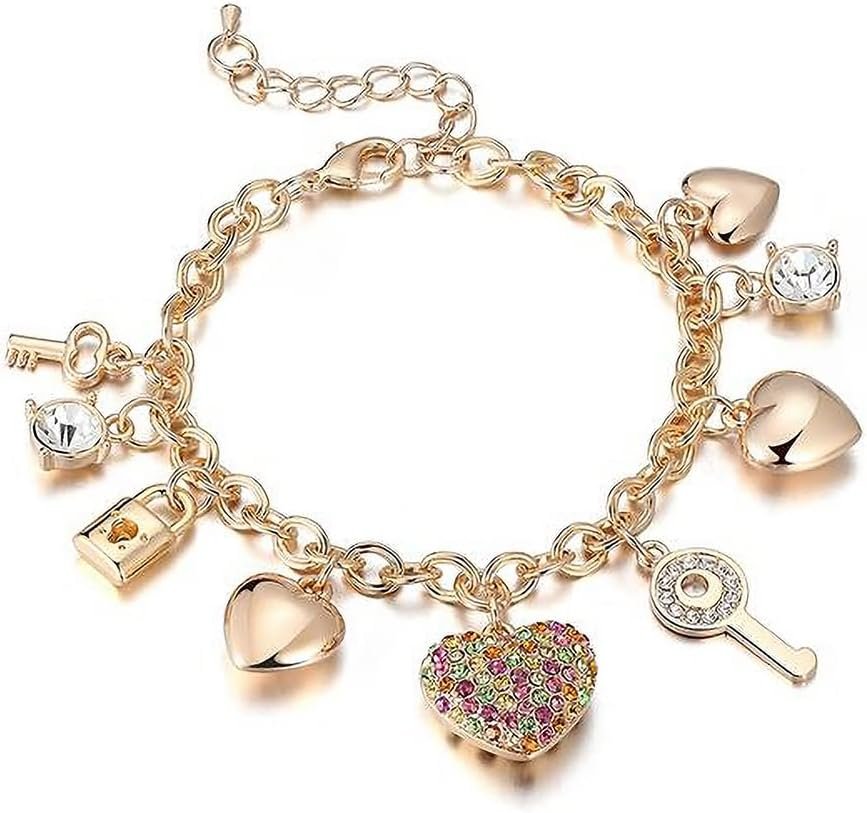 Gold Chain Link Bracelet - 7"+ 2" Extender 14K Gold Plated Love Locked Bracelets for Women, with Crystal, Love Heart,Key, Lock, Charm Bracelet