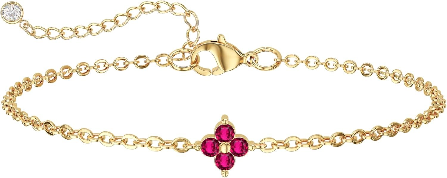 Gold Birthstone Bracelet for Women, Dainty 12 Months Birthday Crystal Charm Chain Bracelet, Adjustable Meaningful Gift for Sister Girlfriend Wife Mom, Non-Tarnish Gold Plated Jewelry