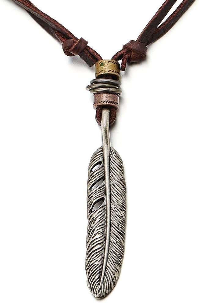Retro Style Feather Pendant Unisex Necklace for Mens Women with Adjustable Leather Cord