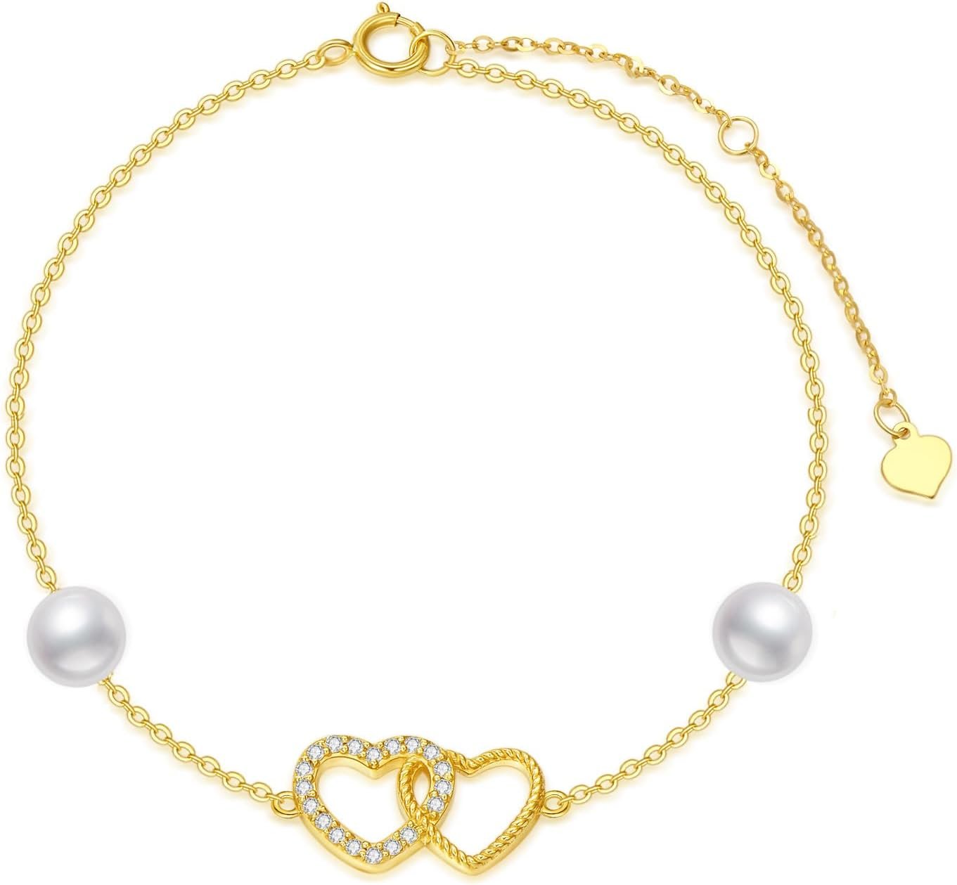 10k Gold Created Moissanite Double Heart Anklets for Women, love Ankle Bracelet Jewelry Gifts for Her, 9.4"+0.8"+0.8"
