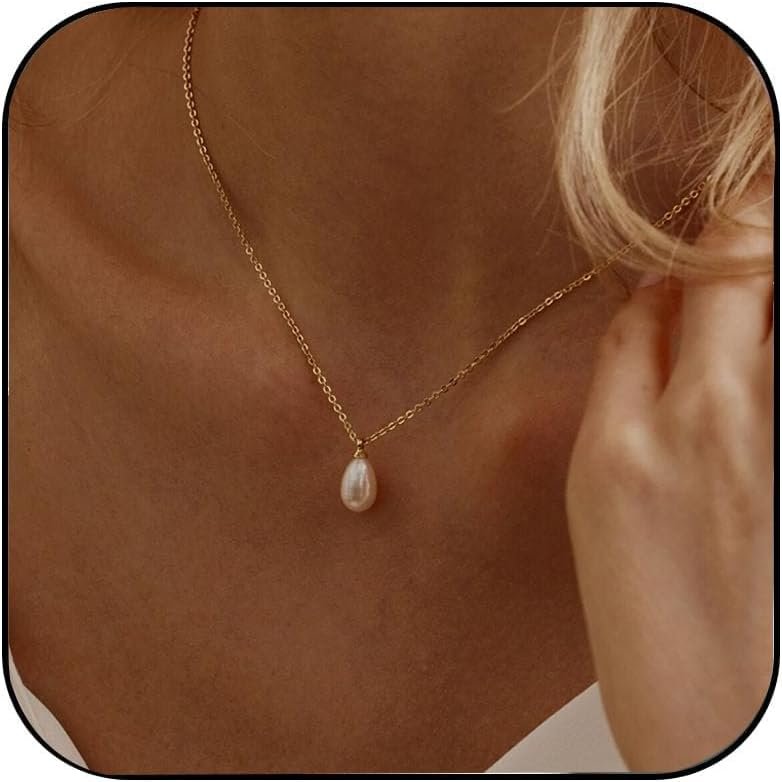Pearl Necklace for Women Trendy,14k Gold Plated Necklace Dainty Wedding Necklace Small Cute Choker Necklace Beaded Lat Drop Necklace Vintage Waterproof Jewelry for Women Gold Jewelry Fashion Gifts