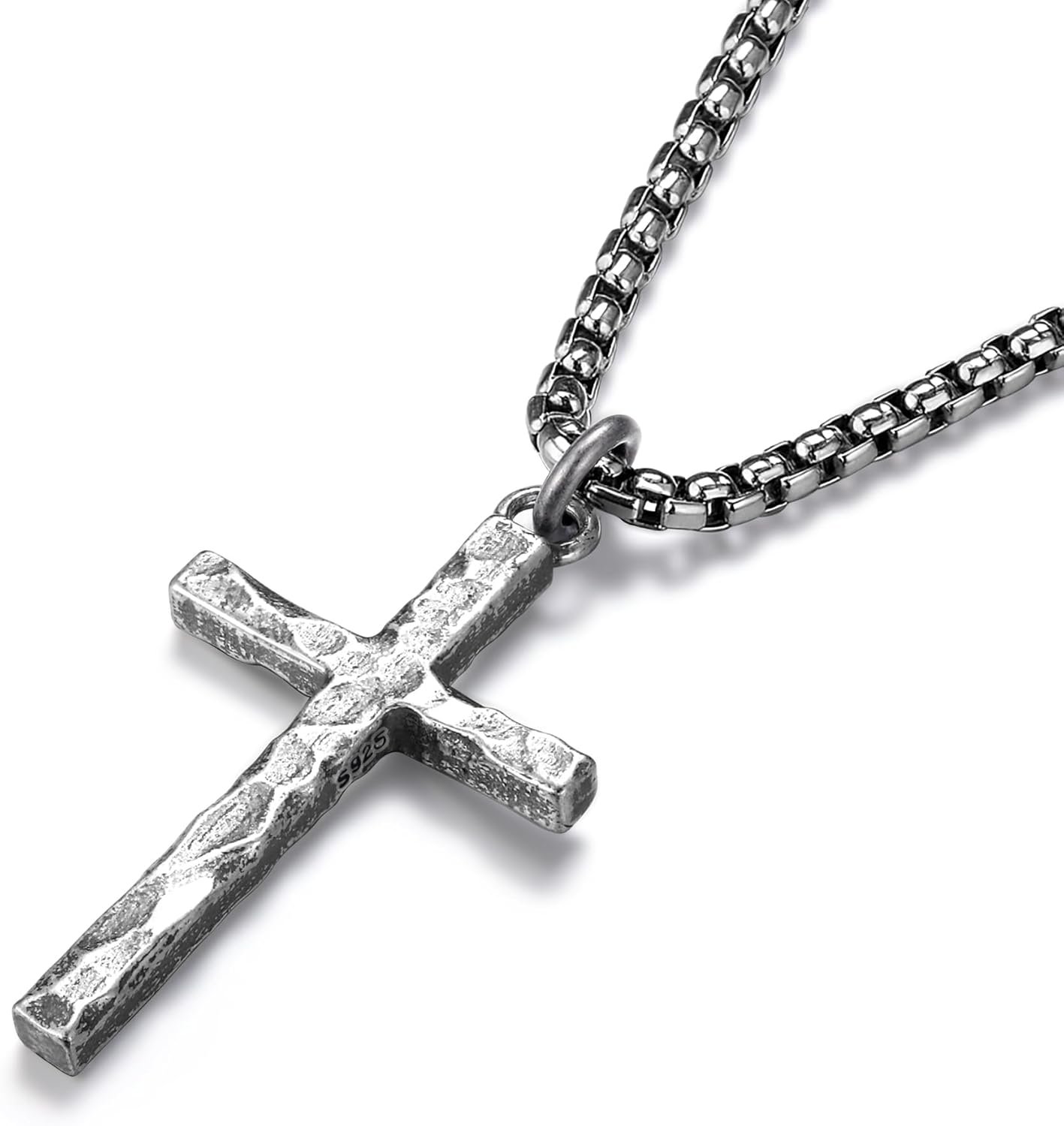 925 Sterling Silver Cross Necklace Men - Oxidized Sterling Silver Cross Pendant with Stainless Steel Box Chain Vintage Unique Crucifix Necklaces Silver Jewelry for Mens Women 18-24 Inches