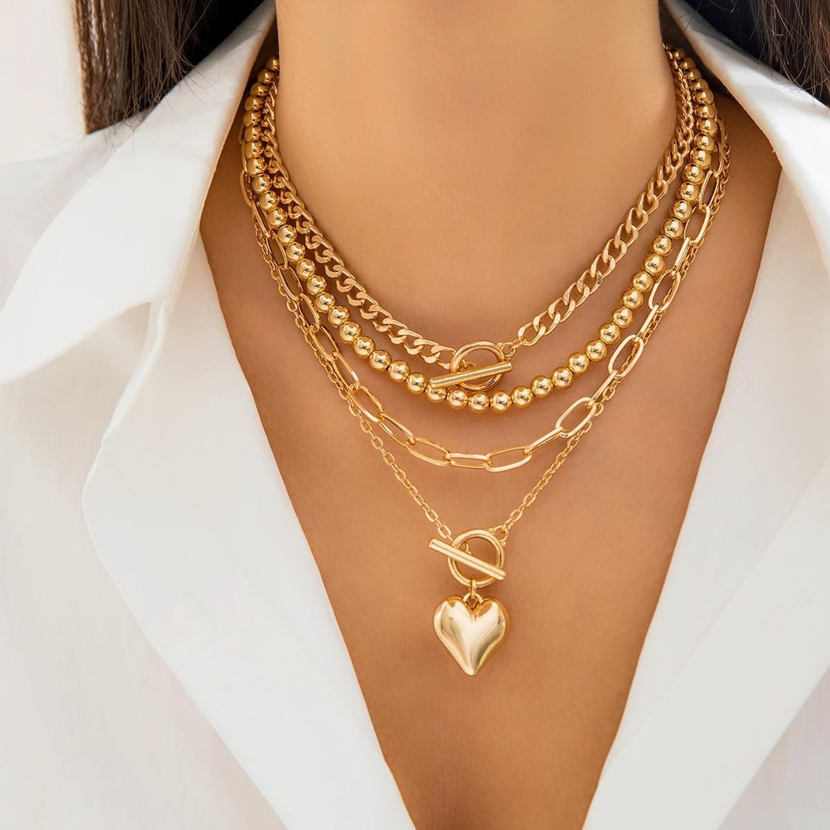 Layered Necklace for Women Non Tarnish Chunky Necklace Stack for Women Paperclip Chain Necklaces Retro Coin Medallion Heart Pendant Necklaces Chunky Set - Image 2