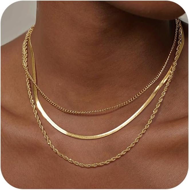 Herringbone Necklace for Women,Dainty Gold Necklace,14k Gold Plated Snake,Gold Chain Choker Necklaces,Simple Gold Layered Necklaces,Gold Gift for Women