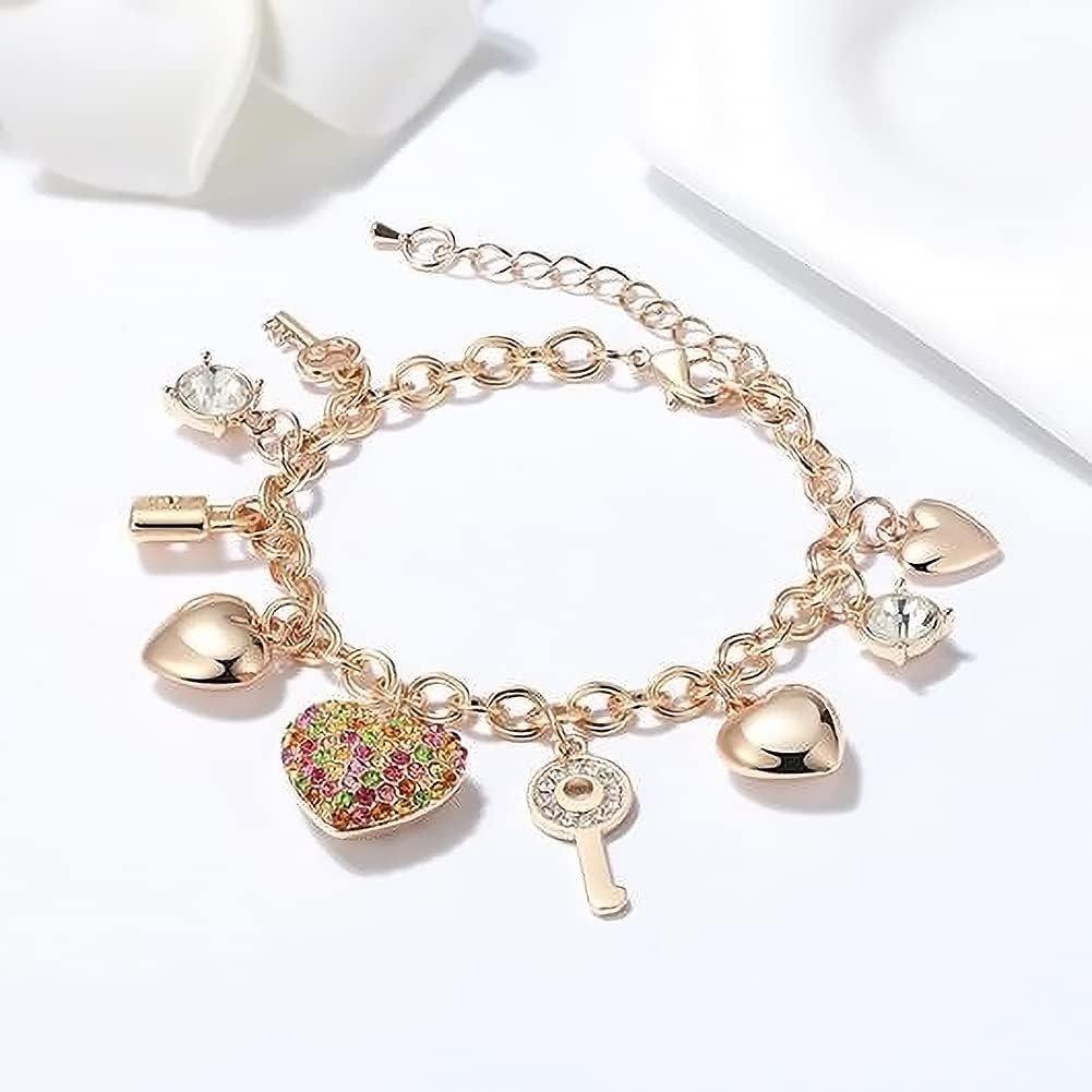Gold Chain Link Bracelet - 7"+ 2" Extender 14K Gold Plated Love Locked Bracelets for Women, with Crystal, Love Heart,Key, Lock, Charm Bracelet - Image 2