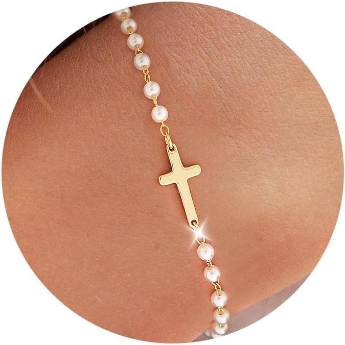 Christmas Gifts Sotcking Stuffers, Dainty 925 Sterling Silver/14k Gold Plated Cross Bracelet Layered Snake Pearl Chain Knot Bracelets for Women Trendy Religious Christian Jewelry