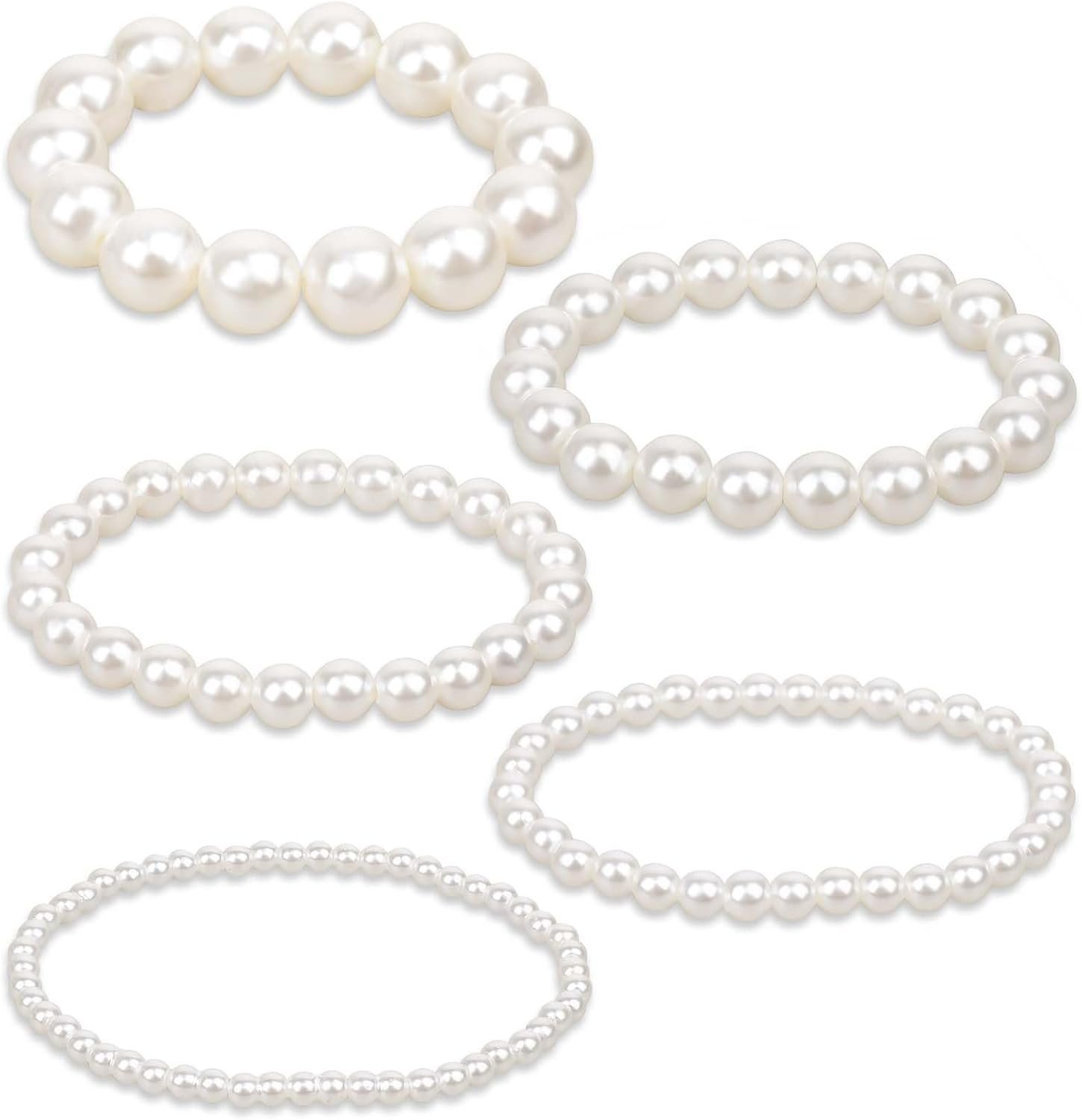 5 Pcs White Pearl Bracelets for Women, White Stretch Bridesmaid Pearl Bracelets Bridal Wedding Elastic Bracelets Stackable Faux Pearl Bracelets for Lady Pearl Beaded Bracelets