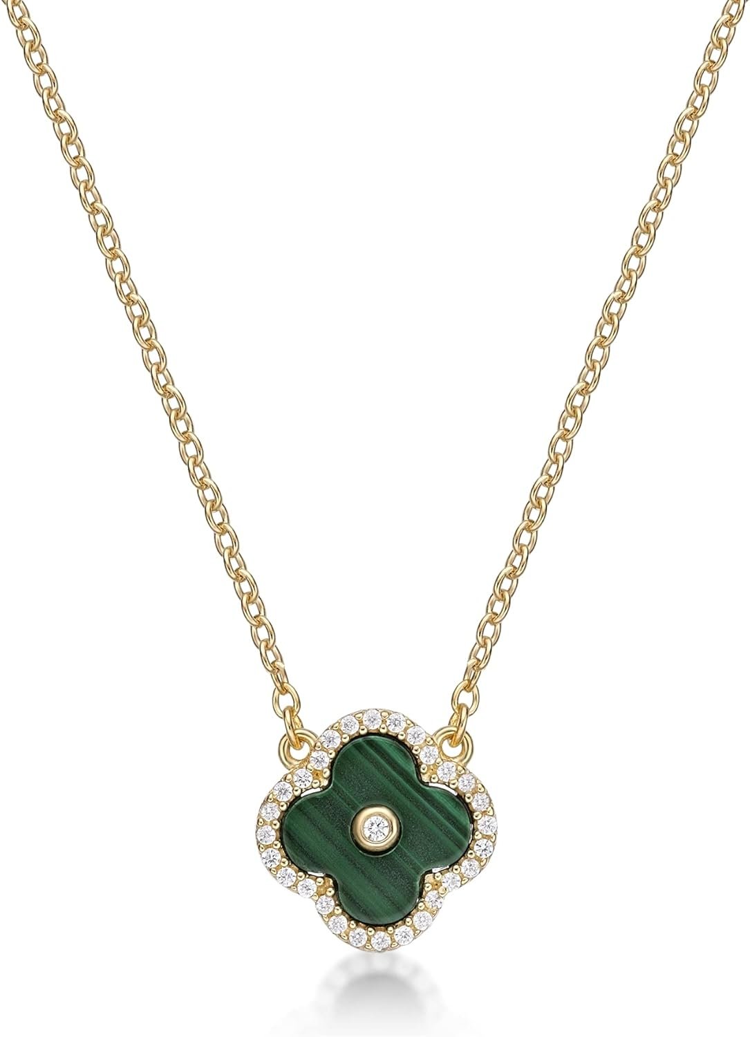 Malachite, Black Onyx or Mother of Pearl and Cubic Zirconia Flower Pendant Necklace for Women in 925 Sterling Silver with Gold Plating on 16 to 18 Inch Adjustable Chain Spring Ring