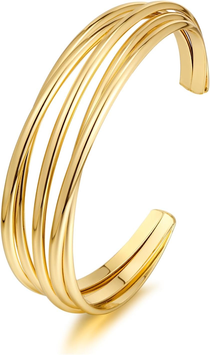 Gold Cuff Bracelet for Women Chunky Multi-layer Cross Wire Open Bracelet Hollow Wide Cuff Bracelets Adjustable Gold Open Cuff Bangle Bracelet
