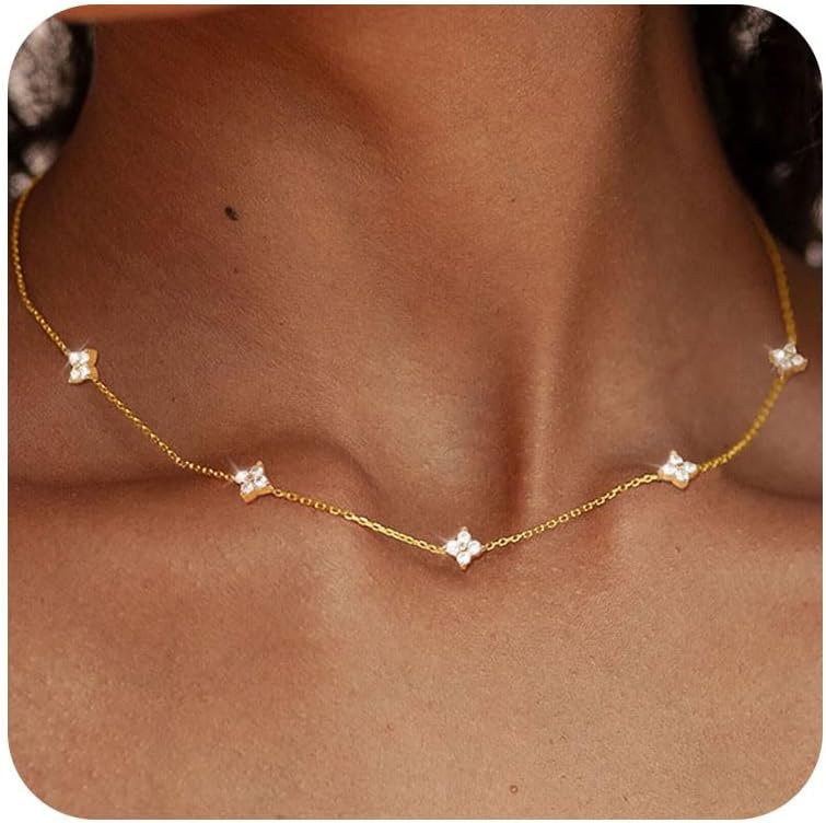 Dainty Silver Gold Necklaces for Women Trendy Non Tarnish 14K Gold Plated Cubic Zirconia Necklace Layered Cute Butterfly Heart Station Choker Necklace Stack for Wedding Prom Brides Jewelry