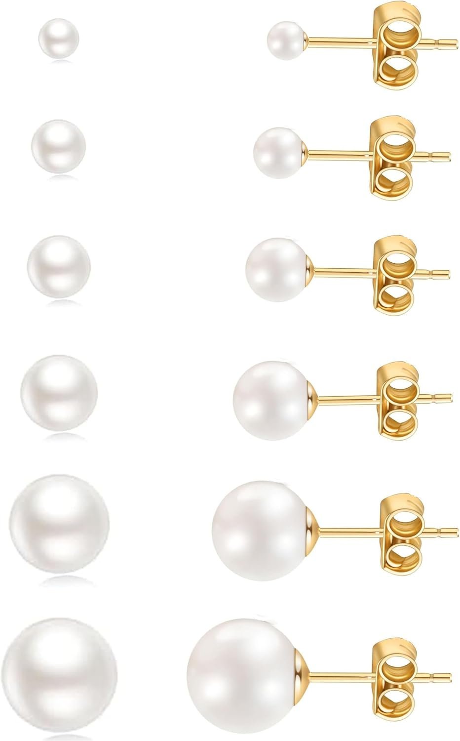 14K Gold Filled Polished Small Pearl Ball Stud Earrings Set for Women Men 20G Surgical Steel Hypoallergenic Piercing Stu for Sensitive Ear, Pack of 6 Pairs
