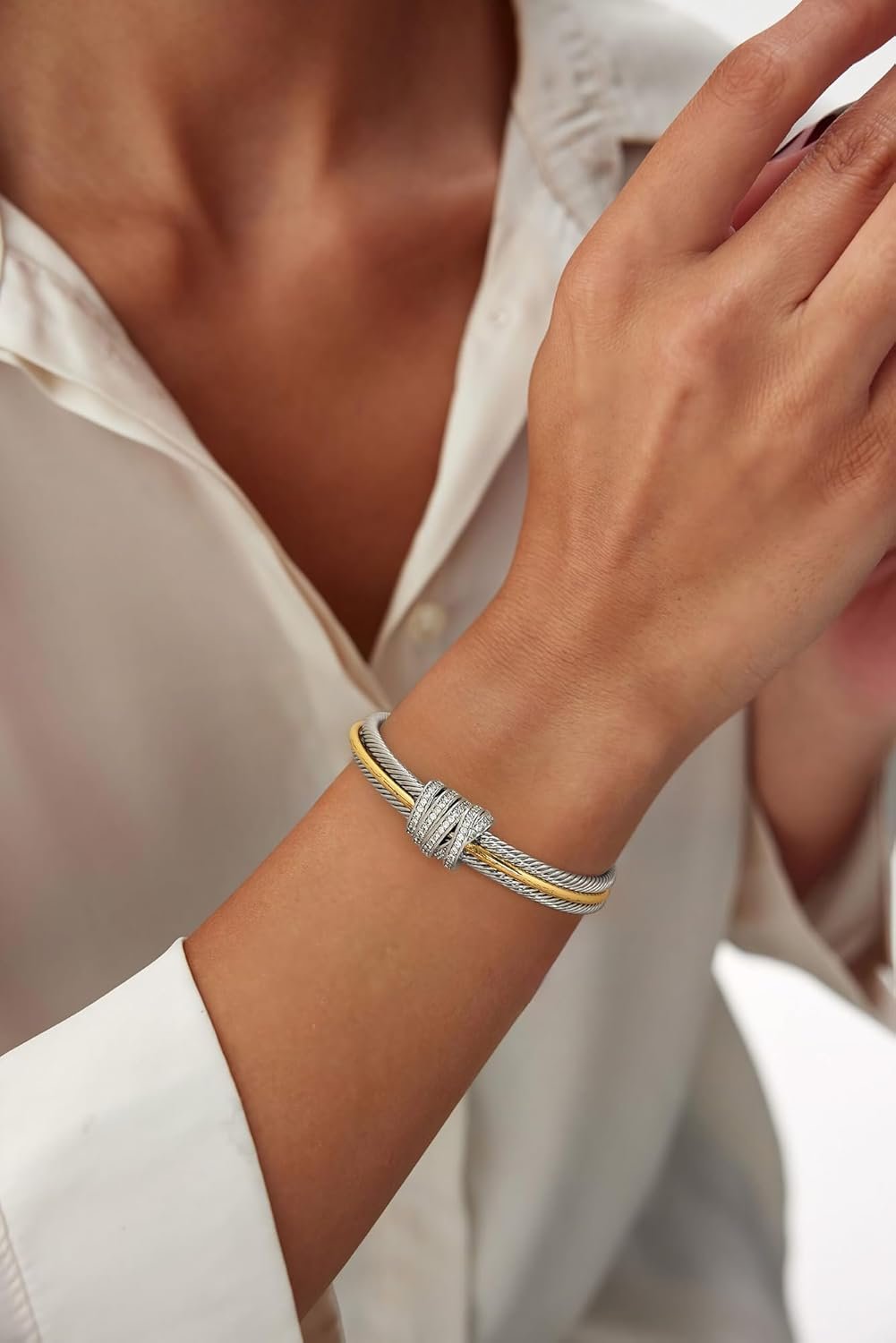 Twisted Cable Wire Cuff Bracelet for Women Gold Silver Two Tone Cuff Bracelets Mixed Metal Statement Bracelet Adjustable - Image 2