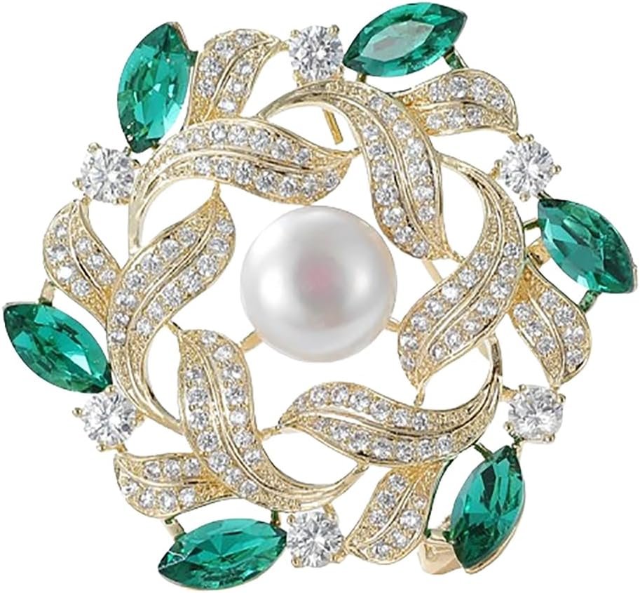 Gold Vintage Crystal Moissanite and Pearl Wreath Brooch - Elegant Coat Pin, Perfect for Formal Occasions