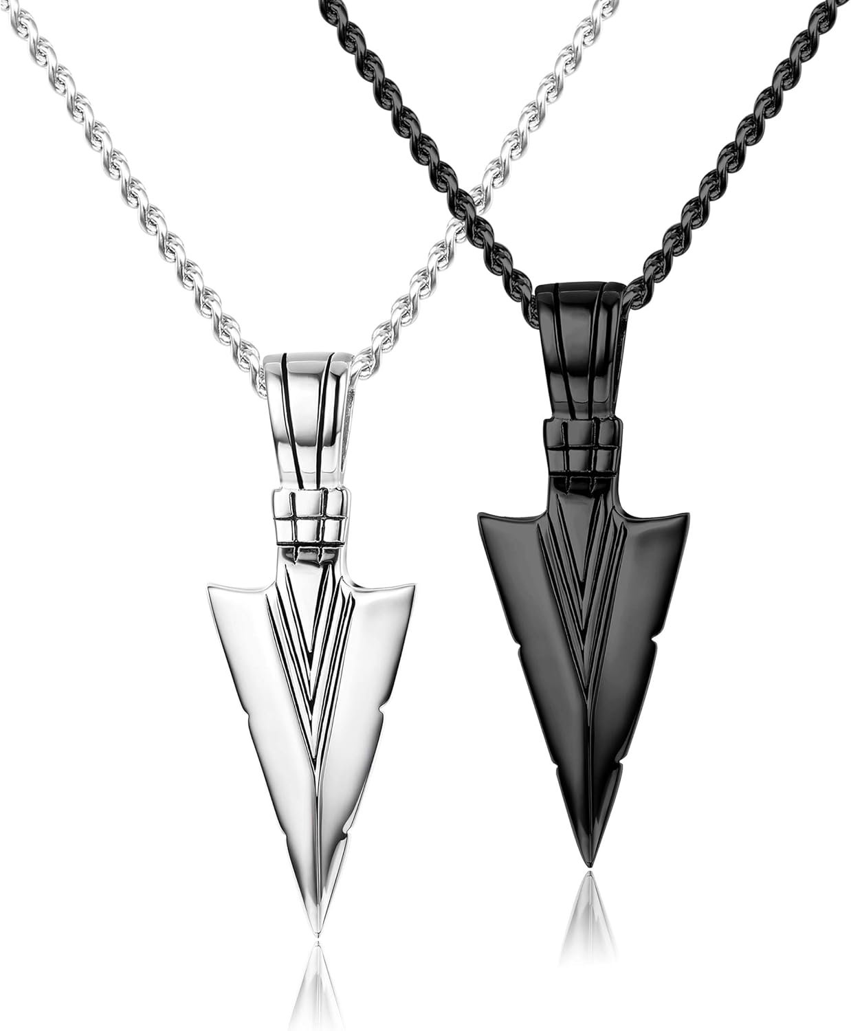 Stainless Steel Pendant Necklace For Mens Cool Spearpoint Arrowhead Pendant Chain Necklace Set Black & Silver Tone