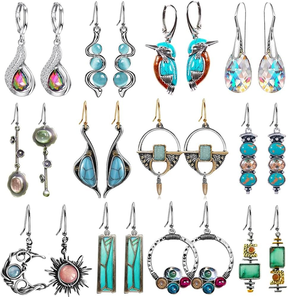 12 Pairs Teardrop Druse Crystal Drop Dangle Earrings for Women Cubic Zirconia Hoop Earring Jewelry Set Christmas Gifts