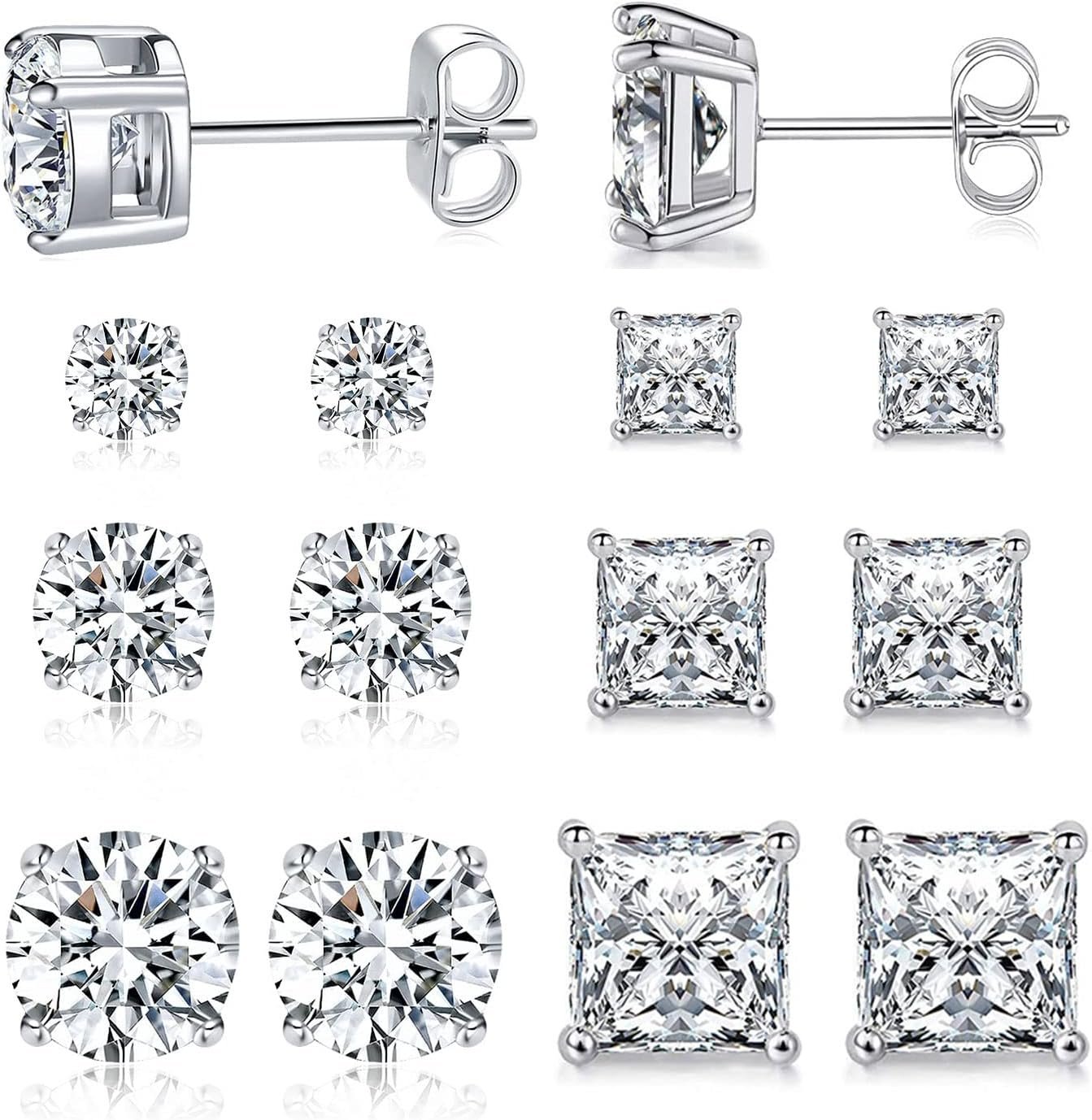 6 Pairs Stud Earrings Set 3mm/5mm/7mm Princess & Round Cubic Zirconia Earrings Hypoallergenic 316L Surgical Stainless Steel CZ Earrings for Women Men