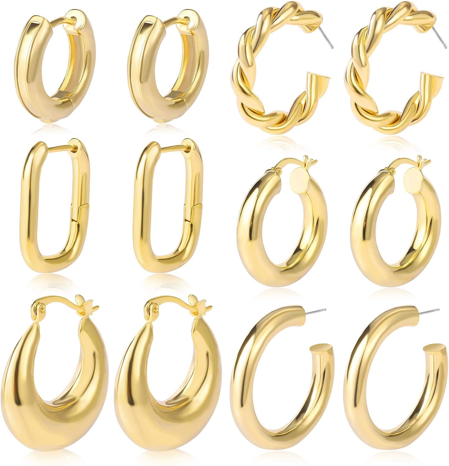 6 Pairs Chunky Gold Hoop Earrings Set for Women 14K Gold Plated Hypoallergenic Thick Open Hoop Set Jewelry for Christmas Gifts