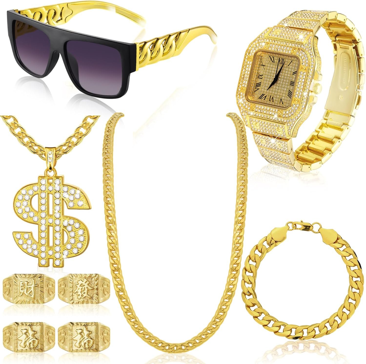 9 Pcs Hip Hop Jewelry Set Dollar Sign Pendant Necklace Bracelet Diamond Watch Punk Sunglasses Ring for Men Halloween