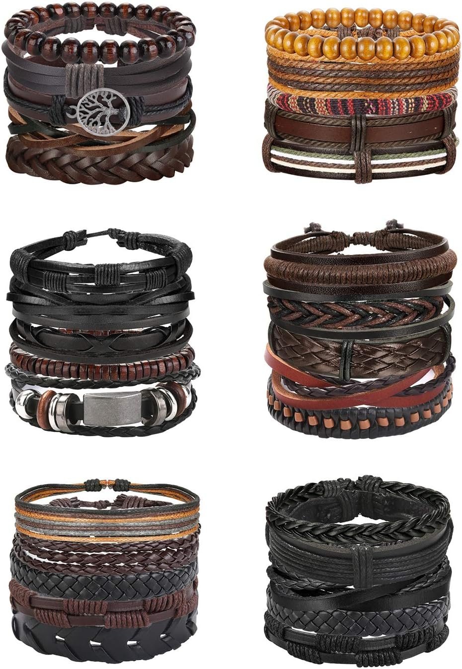 30PCS Braided Leather Bracelets for Men Women Wrap Wood Beads Bracelet Woven Ethnic Tribal Rope Wristbands Bracelets Set Adjustable