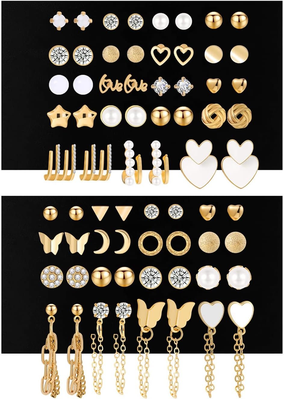 68 Pairs Gold Stud Earrings for Women Multipack, Hypoallergenic Assorted Earring Set Multiple Piercings, Cubic Zirconia Pearl Butterfly Stud Hoop Earring Pack