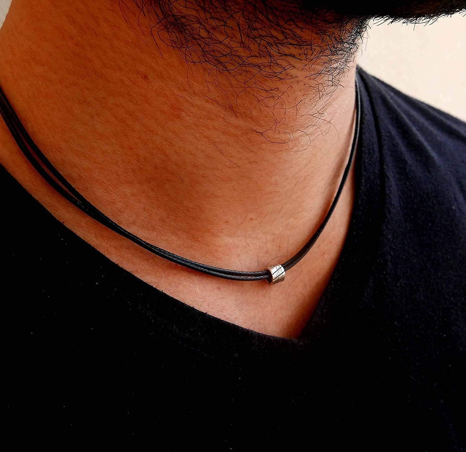 Choker Necklace for Men - Black Leather Cord with Small Stainless Steel Bead Pendant, Stylish Mens Jewelry, Choker Surfer Necklaces, Gifts for Him - 17" - Image 2