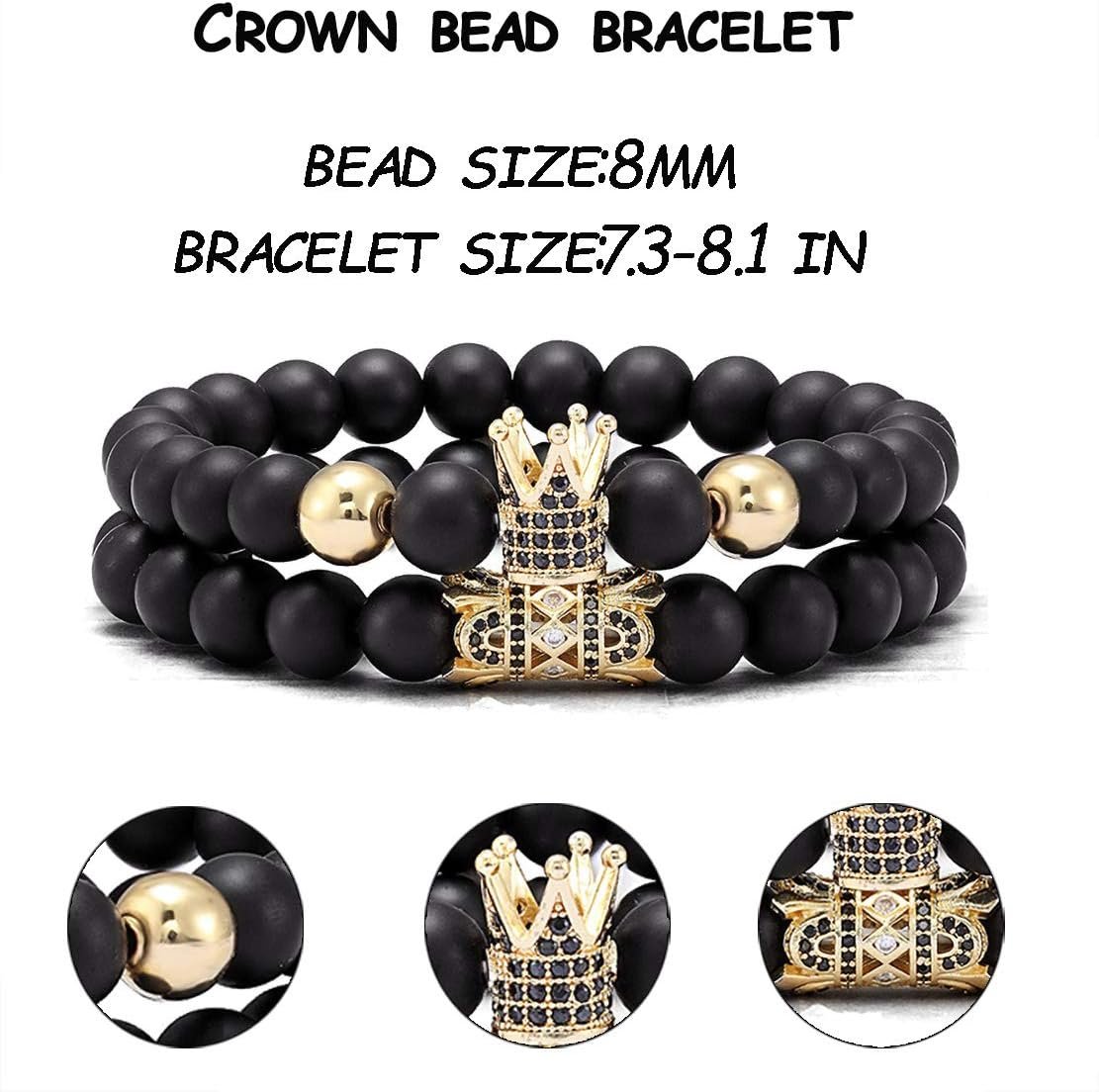 4 Pcs Crown King Bracelets for Men Black Matte Onyx Cool Natural Stone Men Bracelets Set - Image 2