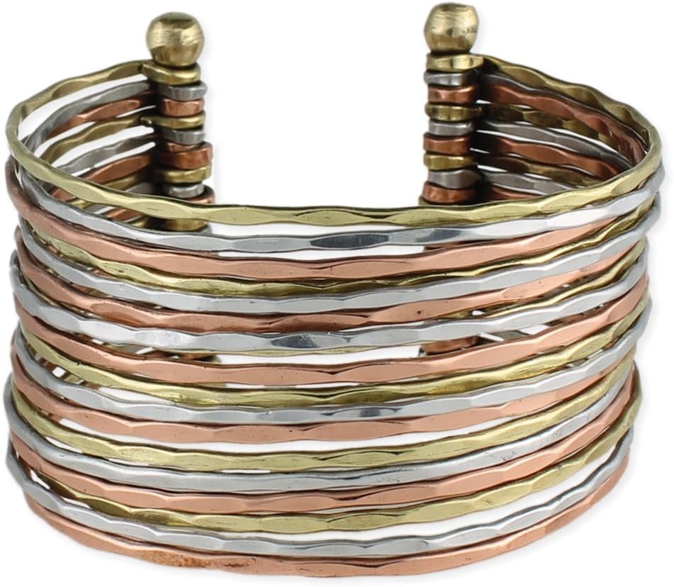 Hammered Bunch Mixed Metal Cuff Bracelet - One Size Fits Most