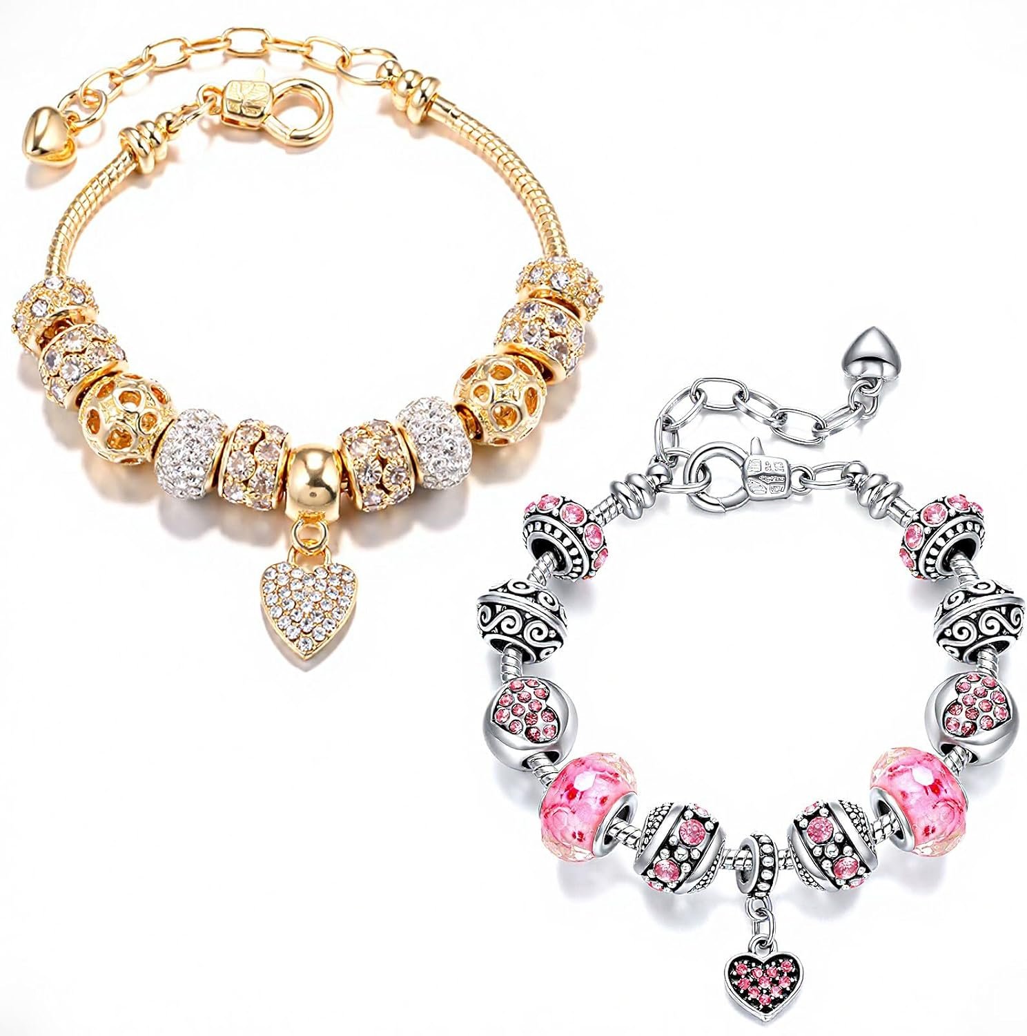 2 Pack Charm Bracelets Pink and Gold Heart Silver Plated Charm Bracelet, DIY for Women Gifts, with Bea, Crystal, Charms, Love and Adjustable Snake Chain, Fits 7.5"+1.5"