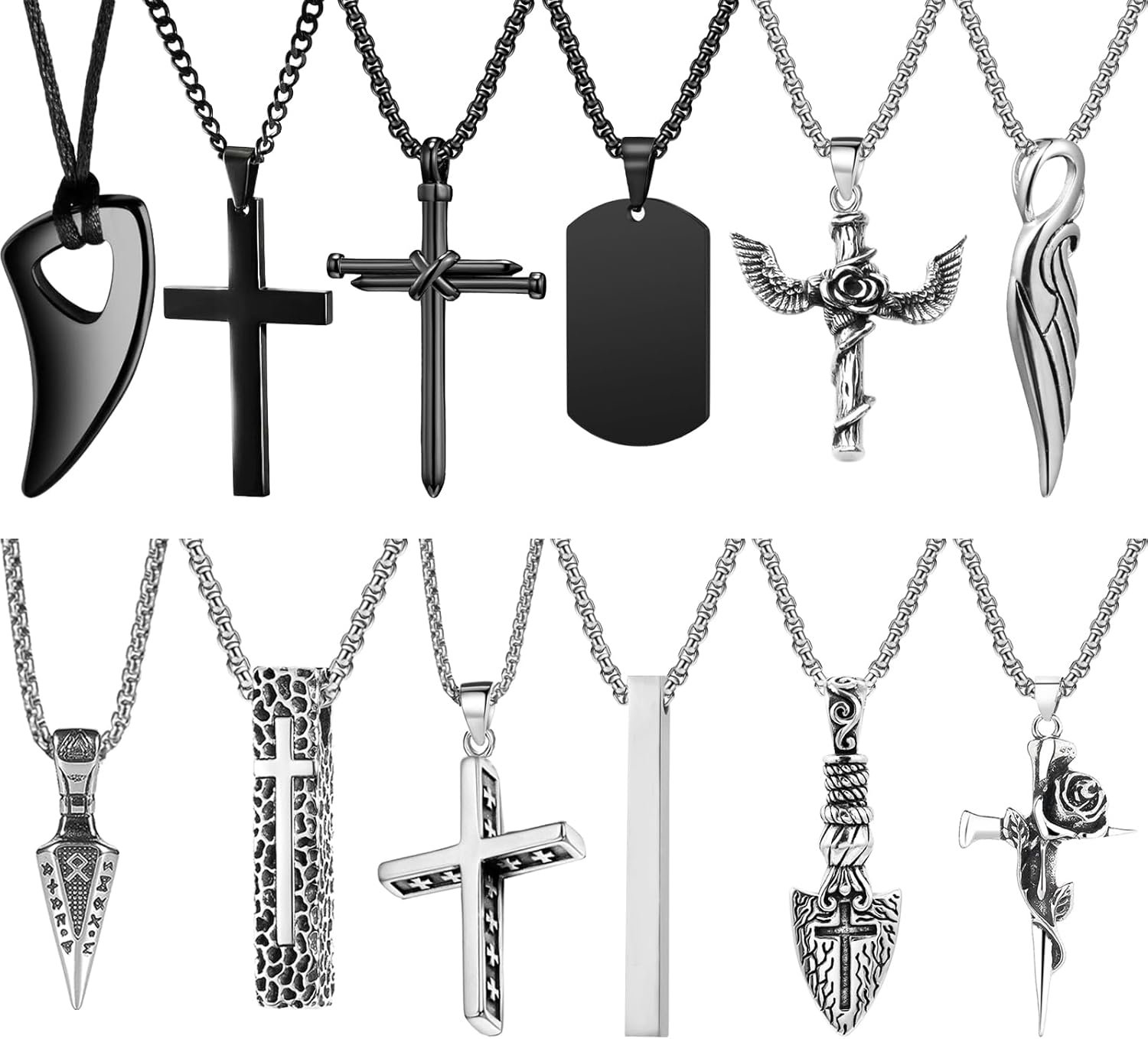 12 Pieces Stainless Steel Necklaces for Men Hypoallergenic Necklace Unisex Punk Necklace Amulet Pendant Nail Cross Viking Necklaces for Men Women
