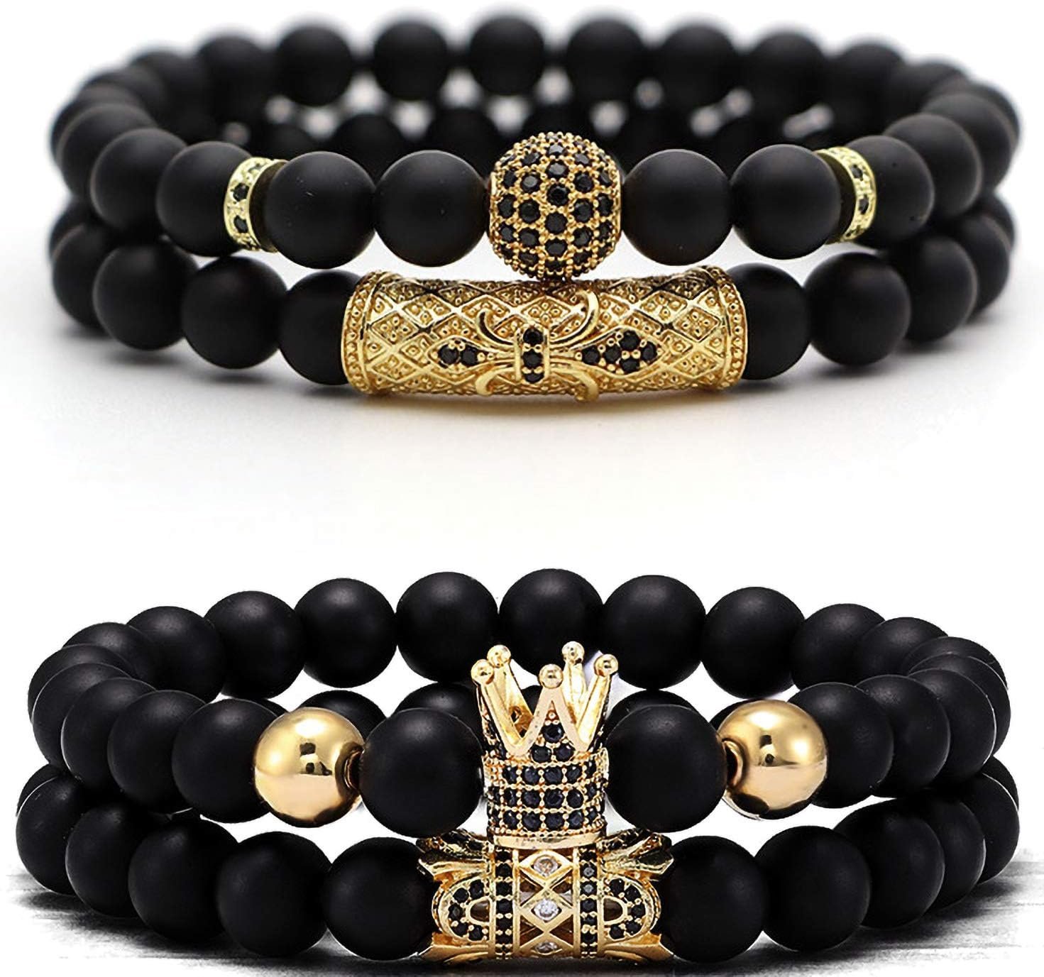 4 Pcs Crown King Bracelets for Men Black Matte Onyx Cool Natural Stone Men Bracelets Set