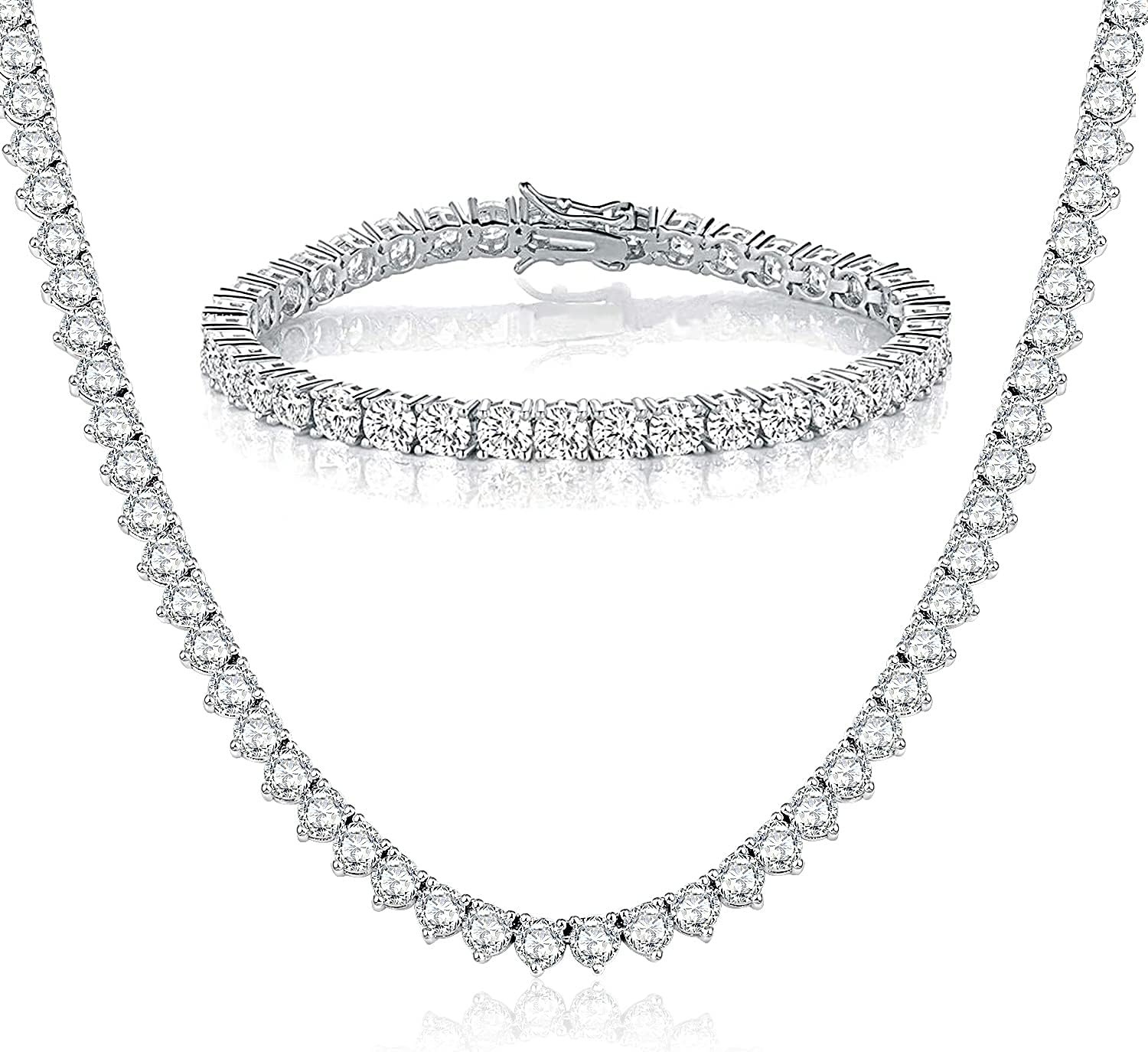 Tennis Necklace Bracelet Jewelry Sets 18K White Gold Plated 4mm Round Cubic Zirconia Bracelet and Necklace Sets for Women and Men