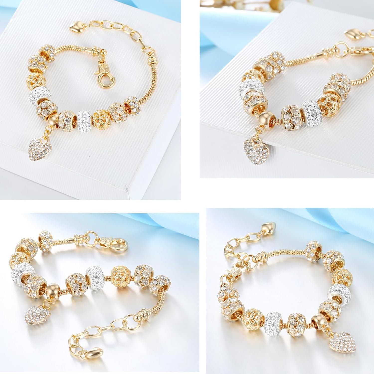 2 Pack Charm Bracelets Pink and Gold Heart Silver Plated Charm Bracelet, DIY for Women Gifts, with Bea, Crystal, Charms, Love and Adjustable Snake Chain, Fits 7.5"+1.5" - Image 2
